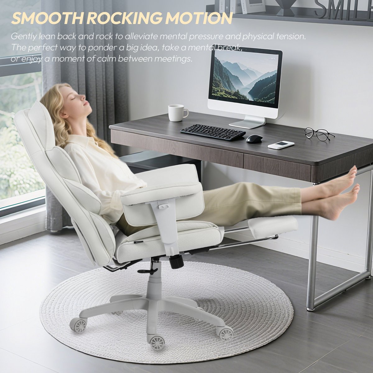 Dowinx Gamingstoel - Ergonomische Bureaustoel - Pocketvering Zitkussen - Dubbele Zachte Rugleuning - Verstelbaar Lendenkussen - Armleuningen - Voetsteun - PU - Wit – foto 4