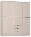 Lichtbeige kledingkast met 6 deuren en 3 lades, met horizontale handgrepen.