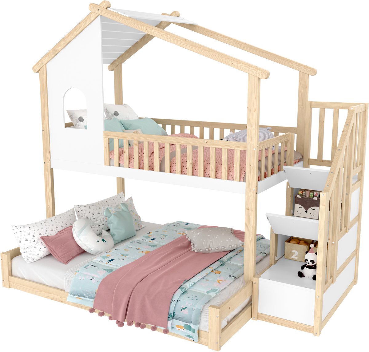 REDOM Luxe Boomhutbed / Familiebed (90x200 & 140x200) - Huis Stapelbed met Veilige Opbergtrap & Vloerbed - Wit/Naturel Natuurlijk+Wit