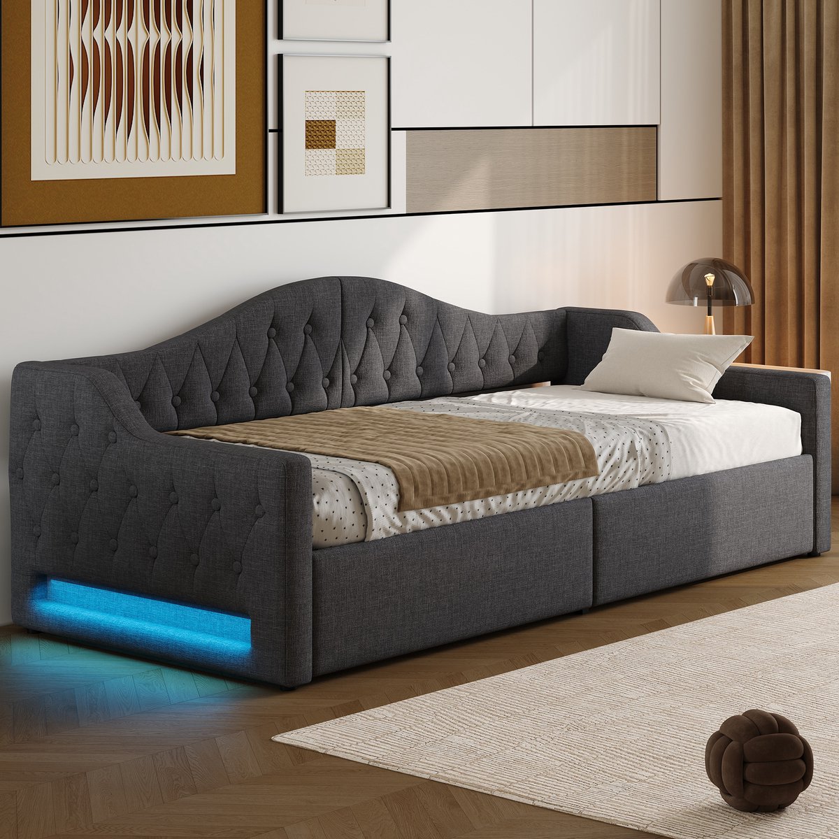 MODFU Bedframe 90x200 cm – gestoffeerd linnen grijs – met LED-verlichting (7 kleuren) en hydraulische opbergruimte – modern