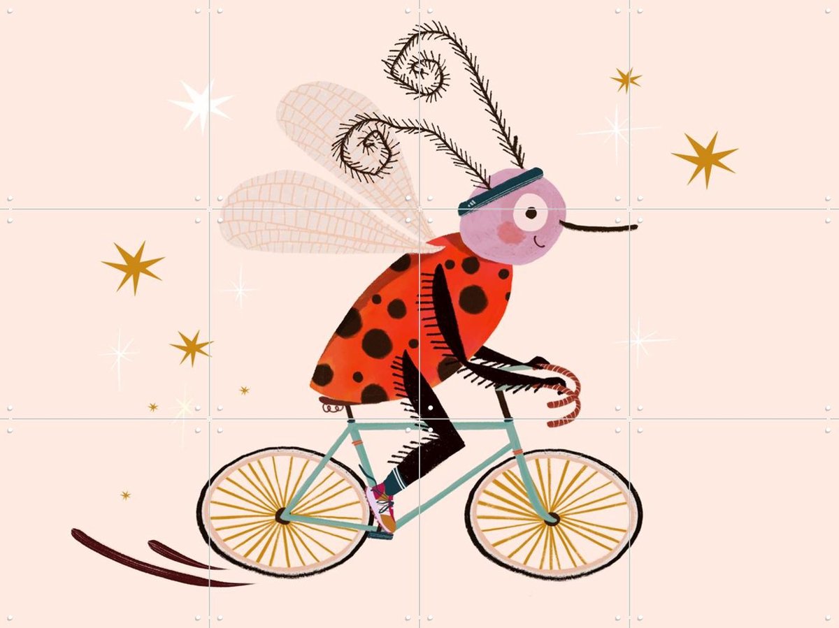 IXXI Insect op Fiets, Lena Addink - 80 x 60 cm - Gratis ophangtool - Grote wanddecoratie en posters - Grafisch Ontwerp, Fantasierijk, Illustraties