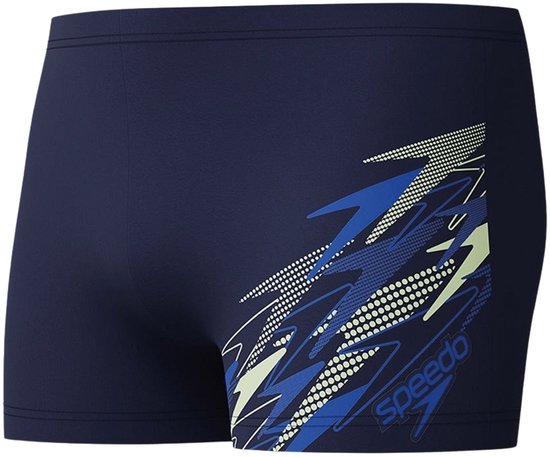 Donkerblauwe zwembroek met abstract blauw-geel patroon op de zijkant en Speedo logo.