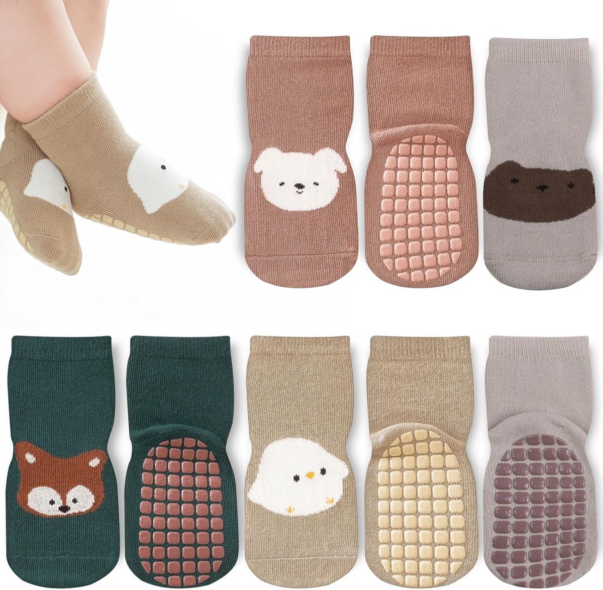4 Paar Antislip Babysokken Dik Winter Katoen met Dierenprint