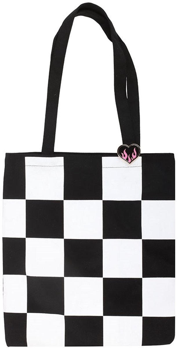 Pop-Punk 'Checkerboard' Polycotton Tote Bag met Emaille Hart Pin - Blokmotief Draagtas - 70 cm