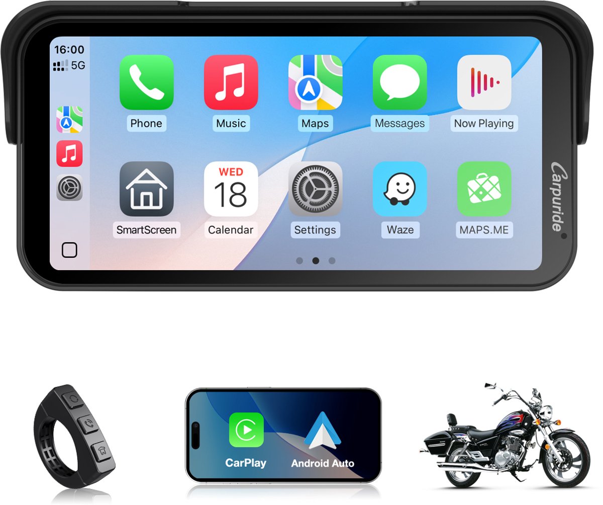 Carpuride W603 - CarPlay-scherm - motorfietsen - draadloos CarPlay en Android Auto - IP67 waterdicht - touchscreen - bediening via kabel - navigatie - 6,3 inch