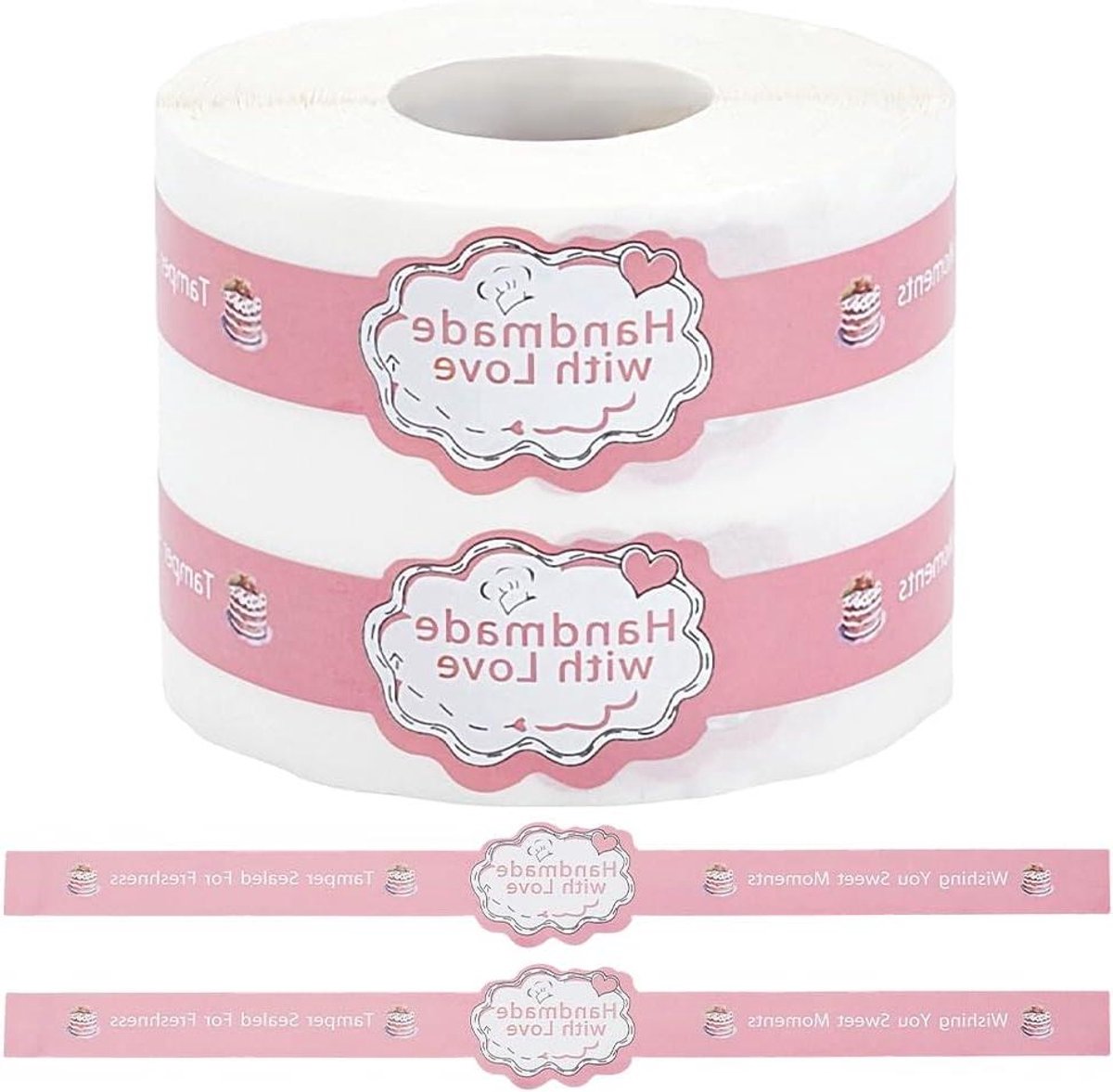 Allecto - Zegelstickers - Bakzegeletiketten - Roze - Detailhandelspapier - Zelfklevend - Manipulatiebestendig - Esthetisch plakband op rol - Voor koekjes - Cake - Bakwaren - L - 500 stuks levensmiddelverpakking - Geschikt voor Allecto.