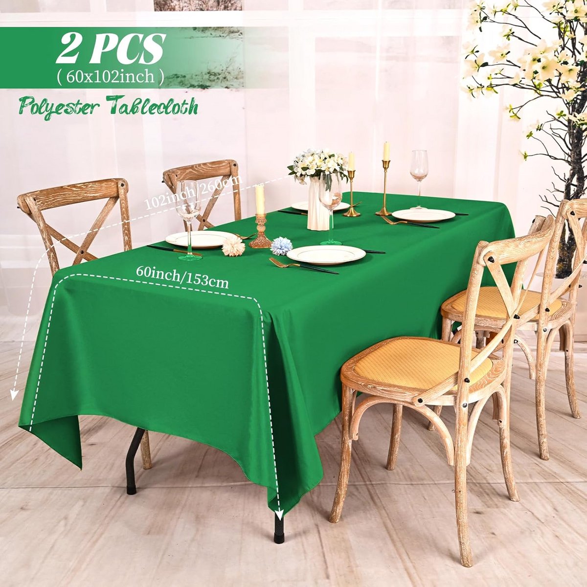2x Groen Rechthoekig Tafelkleed 153x260 cm Waterdicht Polyester voor Feest en Diner