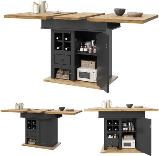 Uitschuifbare eettafel in donkergrijs met houten tafelblad. Met wijnrek, lade en opbergvakken. Getoond in drie configuraties.