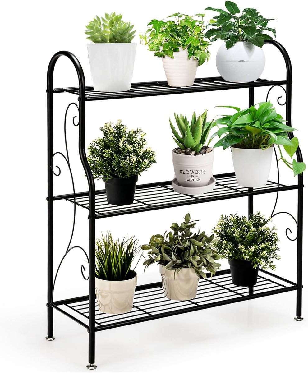 KOMFOTTEU Metalen plantenstandaard, bloementrap voor buiten, bloemenrek, plantentrap voor tuin, balkon, zwart (rechthoekig met bloemenpatroon)