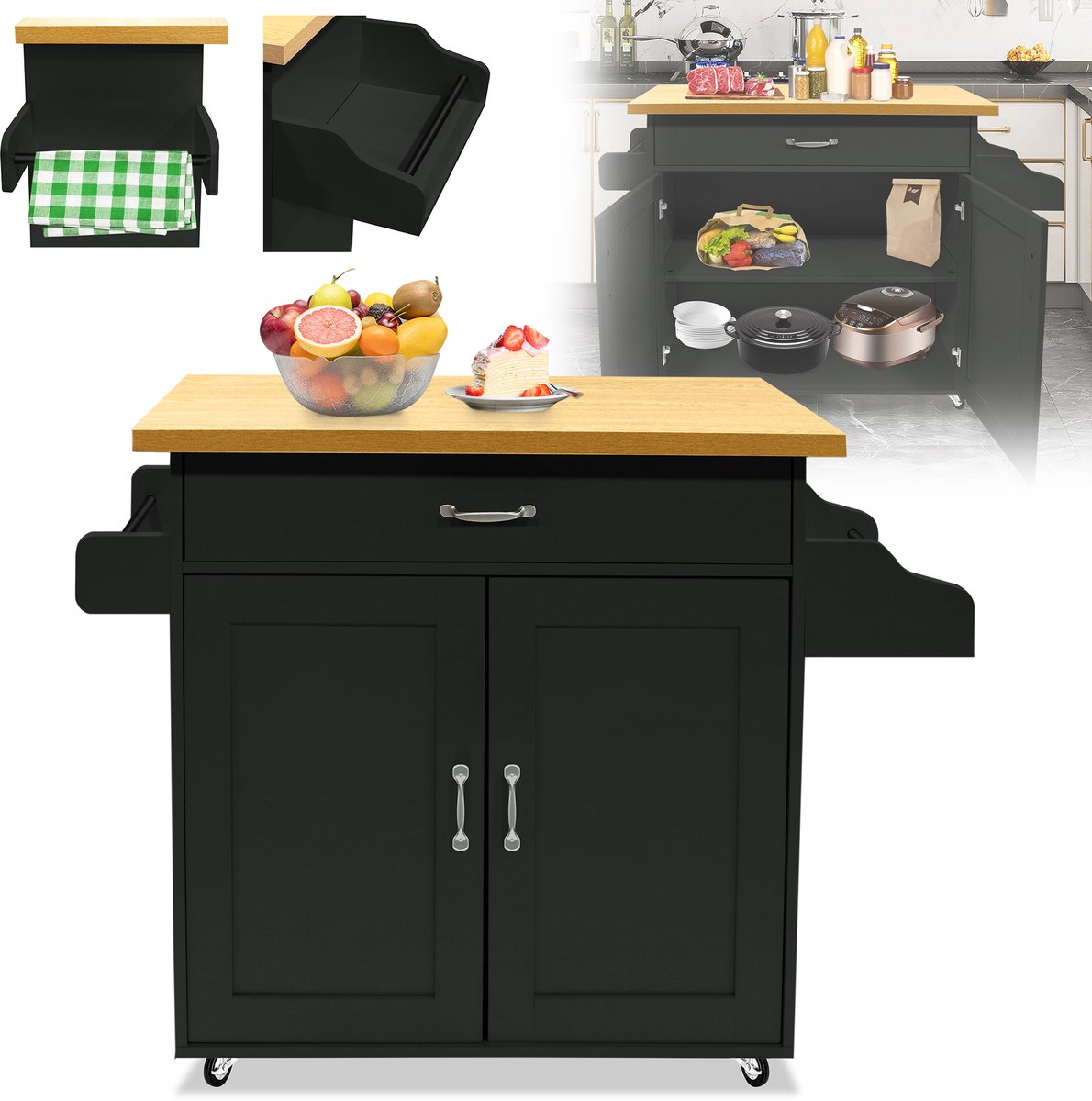 Froadp Verplaatsbare keukeneilanden Keukenwagen met kruidenrek Handdoekenrek & lade Keukenwagen op wieltjes Keukenkast met werkblad Houten keukentrolley Serveerwagen 115 x 36 x 90 cm Zwart