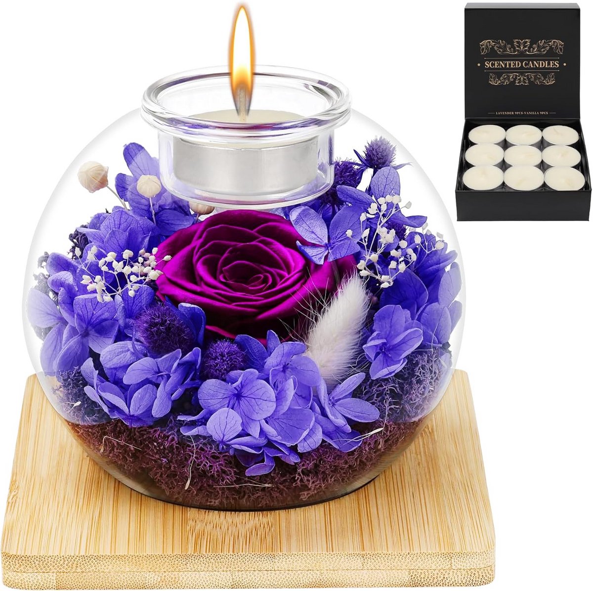 Eeuwige Roos in Glazen Stolp met Lavendel Geurkaarsen Cadeauset