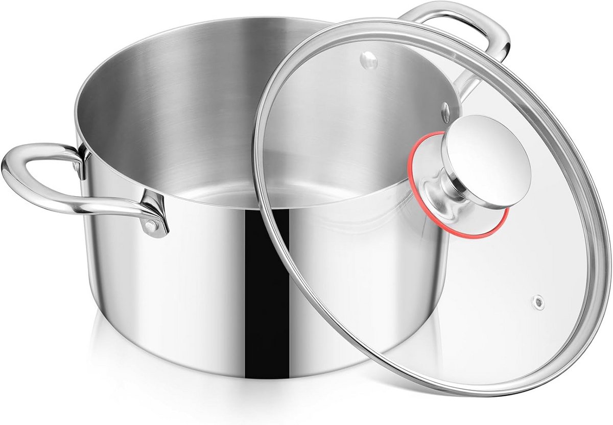 Grote RVS Kookpan met Glas Deksel - 3-laags Bodem - 5,6 Liter