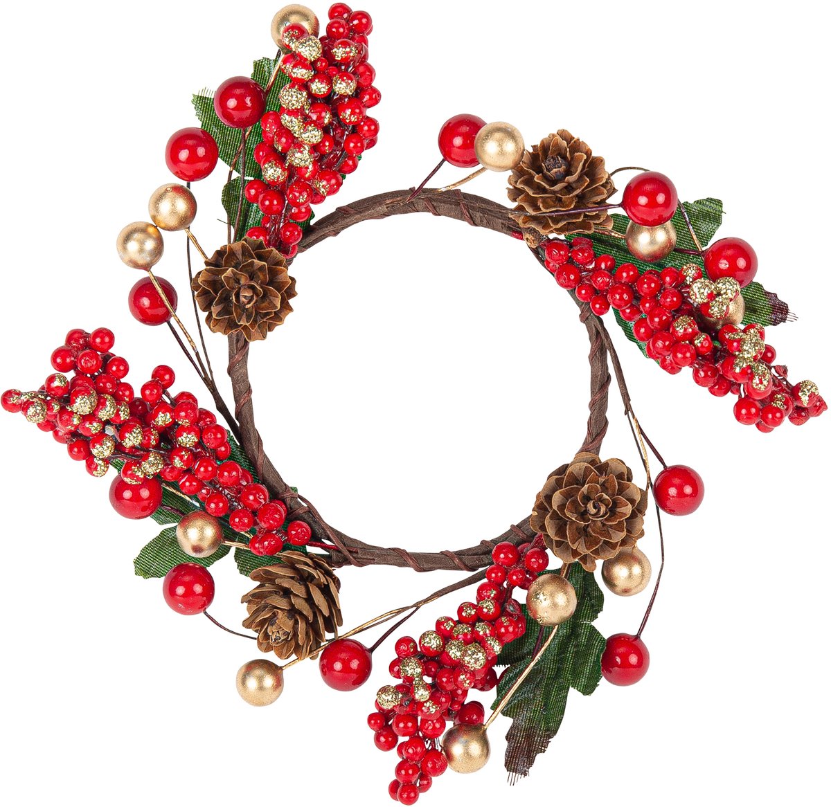 ARTYFETES - Rood-gouden bessenkrans 15 cm met dennenappels