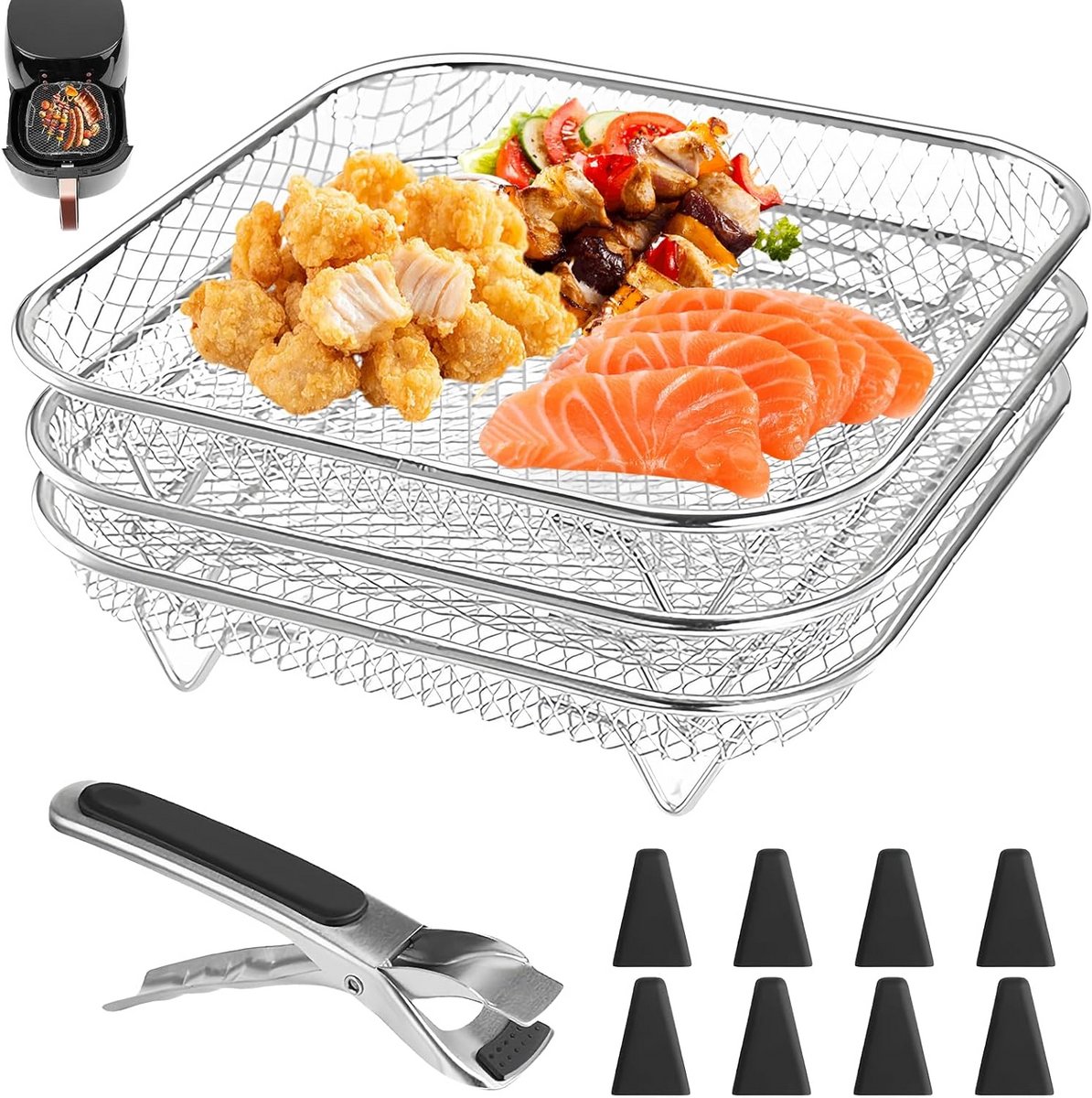 3-delige Stapelbare Airfryer RVS Roosters voor Heteluchtfriteuse en Oven