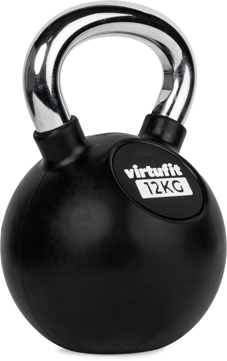 VirtuFit Kettlebell - Rubber/Chroom - 12 kg - Zwart - Sport Gewicht - Duurzaam Design - Ergonomische Handgreep - Geschikt voor CrossFit & Fitness - Conditietraining