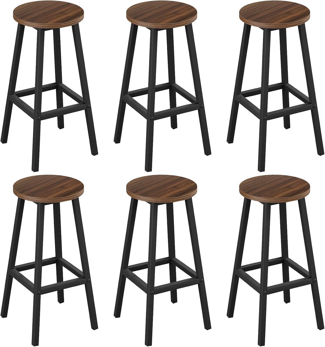 Set van 6 Ronde Barkrukken met Metalen Frame en Voetensteun - Donker Eiken