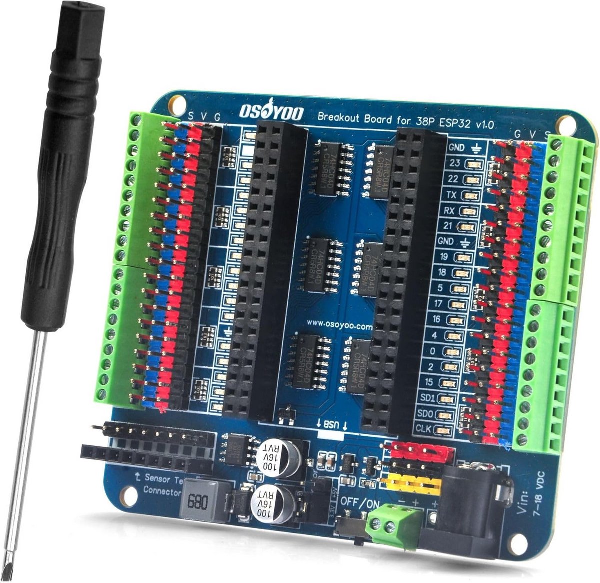 ESP32 Terminal Block Breakout Board met Pin Header en Stroomoutputs