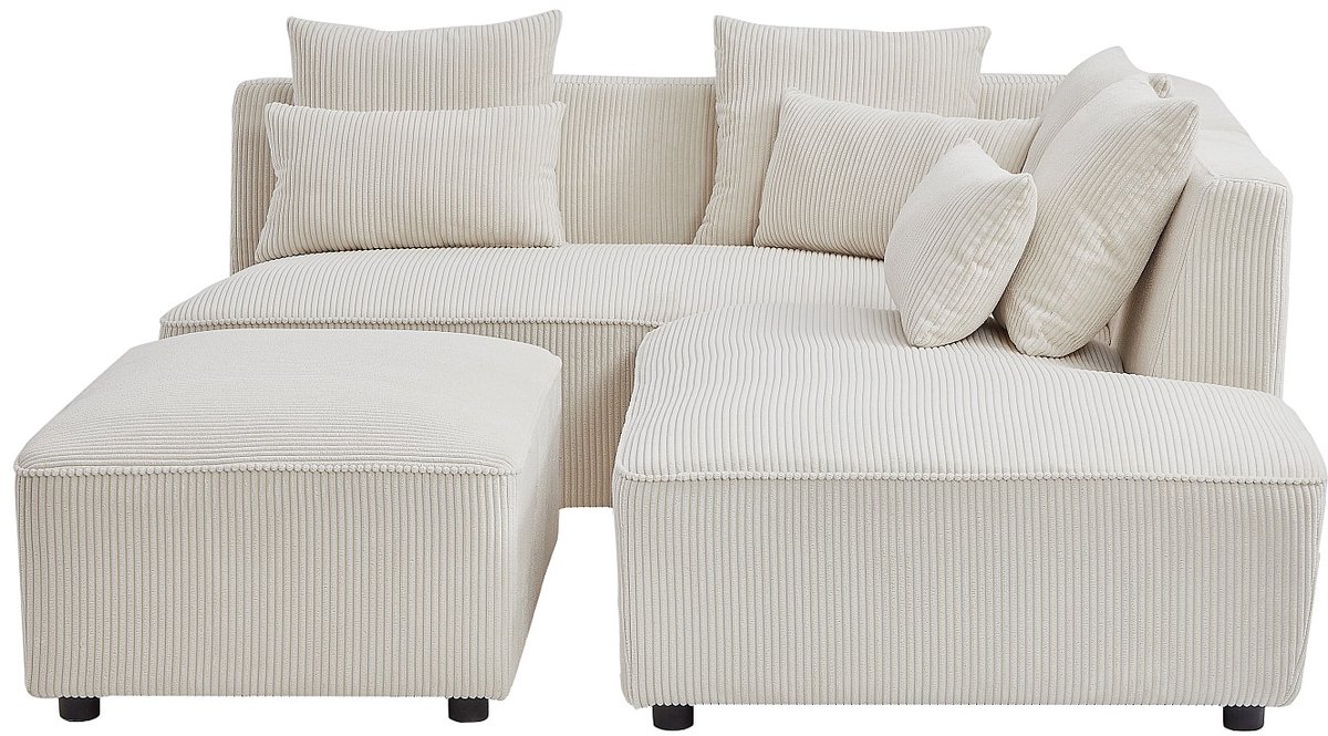 Vente-unique Hoekbank rechts en poef in beige ribfluweel MECODI