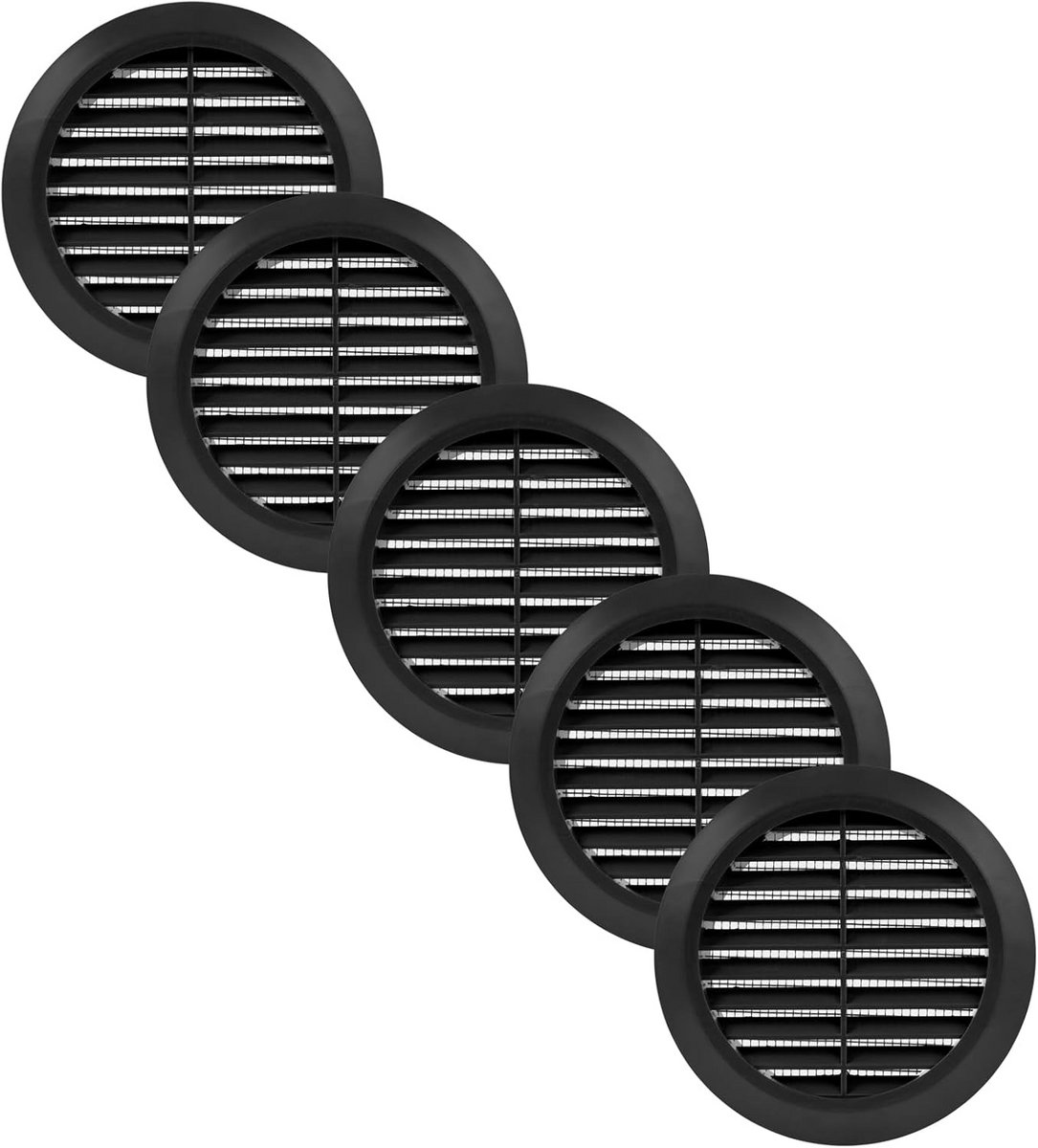 5x Ronde Ventilatieopening Afdekking 100mm Zwart - Ventilatiegrill met Insectenhor - Ventilatieopening Badkamer/Kantoor