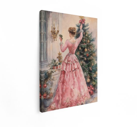 Artaza Canvas Schilderij Vrouw In Roze Baljurk - 90x120 cm - Wanddecoratie Kerstboom - Muurdecoratie Kerst - Decoratie Vintage