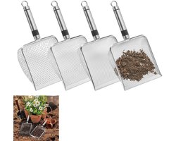 Deze vierdelige roestvrijstalen tuinzeefset is voorzien van een handvat en kan gebruikt worden als compostzeef, zandzeef, grondzeef, enz. De zeefopeningen hebben de volgende afmetingen: 2/2,8/3,8/5 mm.