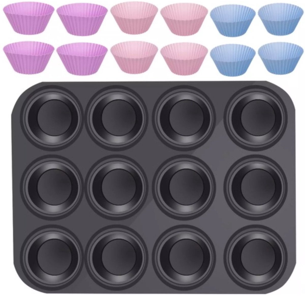 Ruhhy Muffin bakvorm - 12 cups - grafiet - staal en siliconen - 35 x 26,5 cm - cupcakevorm