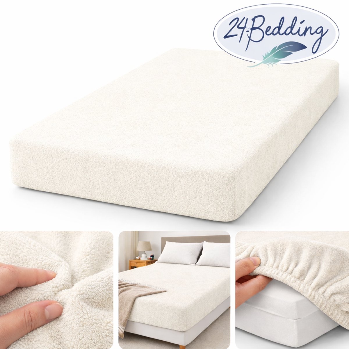 24-Bedding - 2 stuks !! - Badstof Hoeslaken - Extra Zwaar - 180 gr/m2 - 90x220 cm - Beige - 30 cm