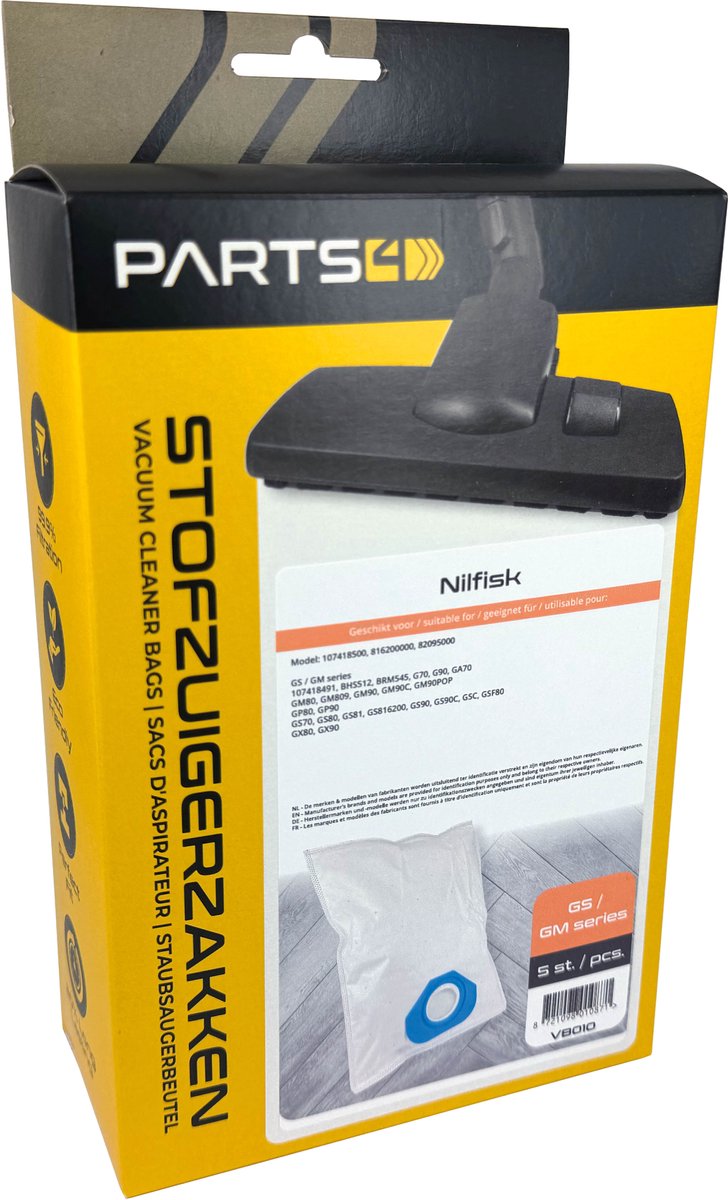 5 Stofzuigerzakken PARTS4® geschikt voor Nilfisk GS / GM series | Made in Europe | Passend in Nilfisk GS series, GM series, GM80, GM90, GS70, GS80 | Alternatief voor origineel 107418500, 816200000, 82095000