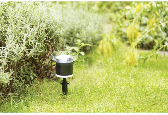 Netatmo regenmeter in een groene tuin met gras en planten. De meter is zwart met een doorzichtige bovenkant.