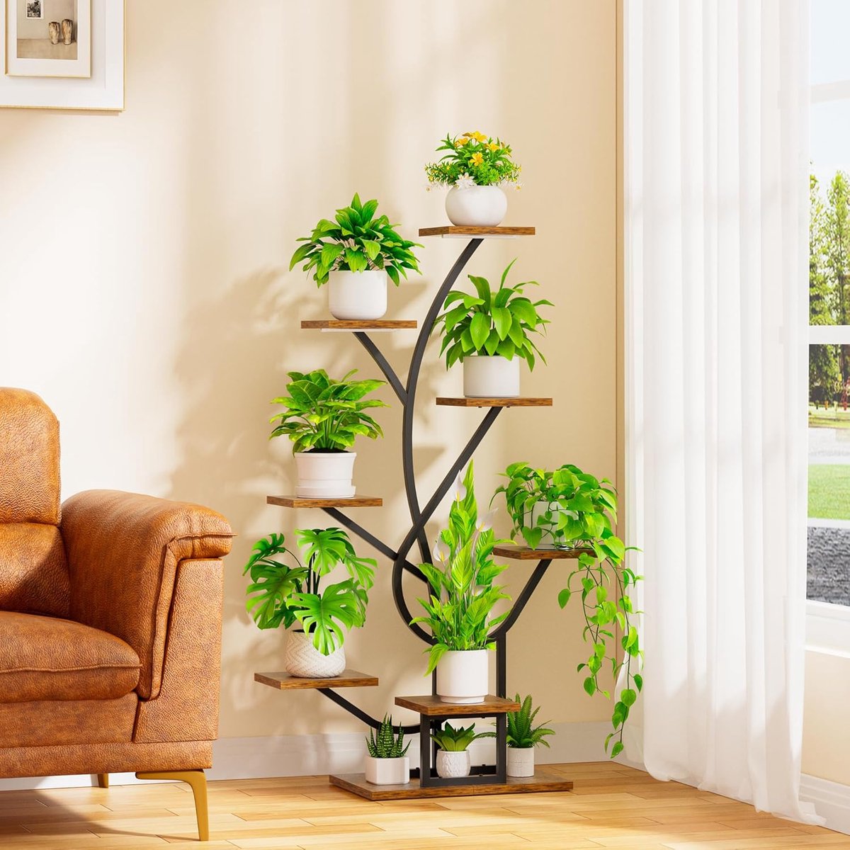 Plantenstandaard met groeilicht, 8 niveaus, bloemenstandaard, 126 cm, metalen houten plantenrek, binnen en buiten, bloementrap, decoratief zwart bloemenrek voor binnen, tuin, balkon
