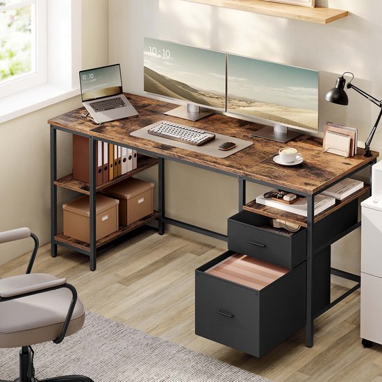 Computerbureau Bureau Schrijftafel Minimalistisch industrieel design Met verstelbare poten 3 planken en 2 lades Stevig duurzaam metalen frame Eenvoudig te monteren Geschikt voor thuiskantoor en studeerkamer 60x160x76cm Vintagebruin+Zwart