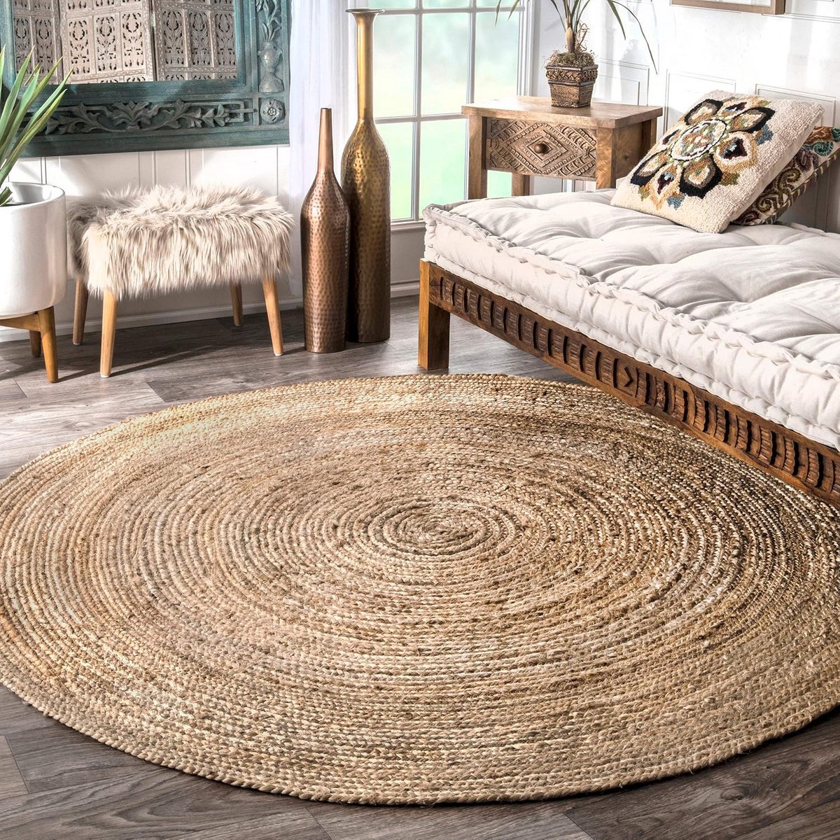 Rond Handgeweven Jute Vloerkleed - 8 Voet Ø - Natuurlijke Look