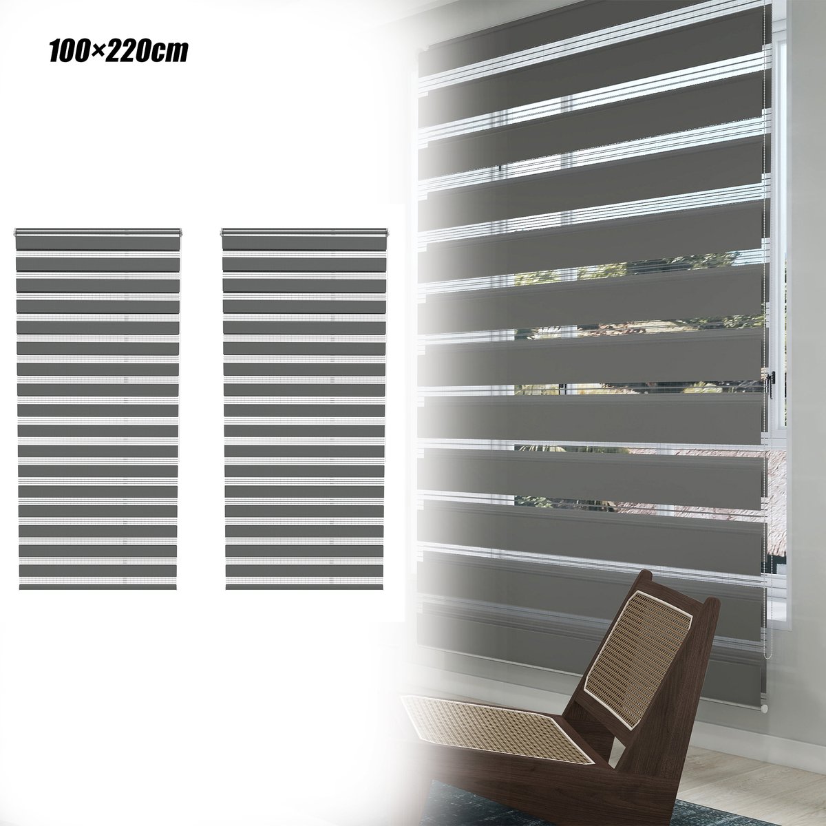 Aufun 2 Stuks Dubbele Verduisterende Rolgordijnen - Grijs 100x220cm - Clipmontage, Boren Niet Nodig, Eenvoudig Te installeren - Geschikt Voor Ramen En Balkondeuren