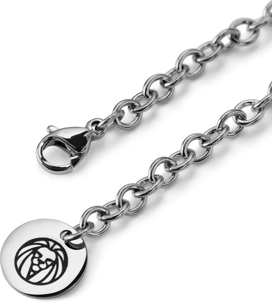 Zilverkleurige schakelarmband met een ronde bedel met een leeuwenhoofd.