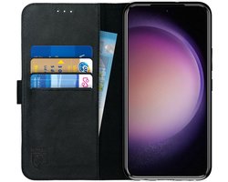 Rosso Deluxe Echt Leer Book Case Hoesje Geschikt voor Samsung Galaxy S23 Plus | Ruimte voor drie pasjes | Portemonnee Book Case | Met Pasjeshouder | Zwart