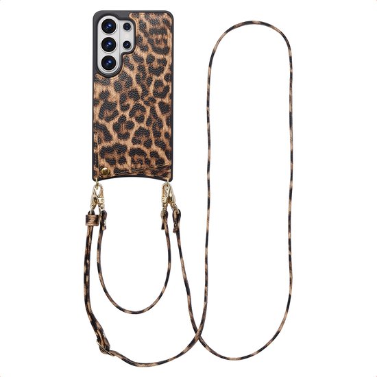 Coque de téléphone léopard avec cordon, posée sur fond blanc.