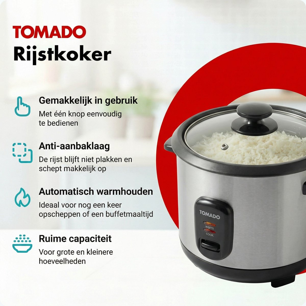 Tomado TRC1001S - Rijstkoker - Inhoud 1 liter - Warmhoudfunctie - 5 porties - Anti aanbaklaag - Rice cooker - Rvs thumbnail 2