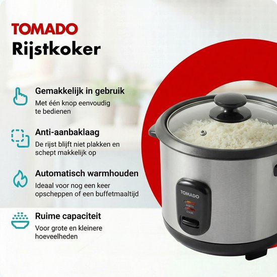 Tomado TRC1001S - Rijstkoker - Inhoud 1 liter - Warmhoudfunctie - 5 porties - Anti aanbaklaag - Rice cooker - Rvs