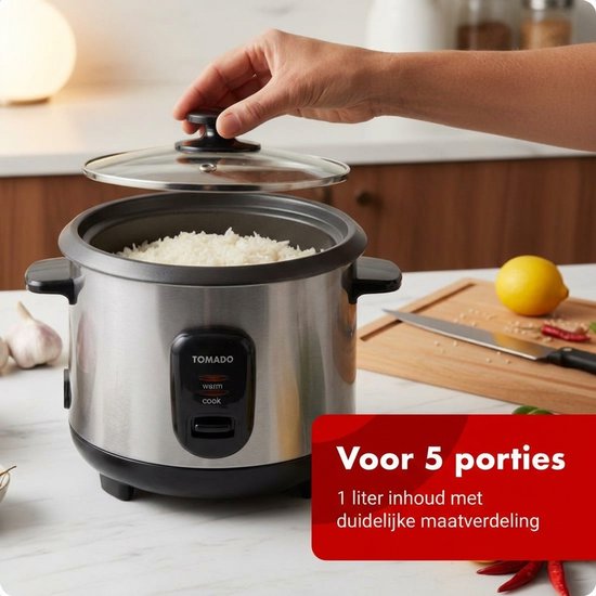 Tomado TRC1001S - Rijstkoker - Inhoud 1 liter - Warmhoudfunctie - 5 porties - Anti aanbaklaag - Rice cooker - Rvs