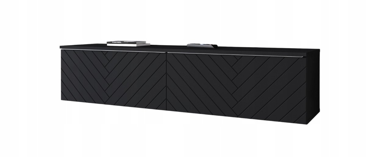 Design TV-Meubel 140 cm – RTV Meubel met Visgraatmotief – Hangend of Staand – 2 Deuren – Zwart Mat – 140x30x33 cm