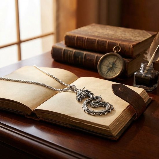 Zilverkleurige drakenhalsketting op een open oud boek.