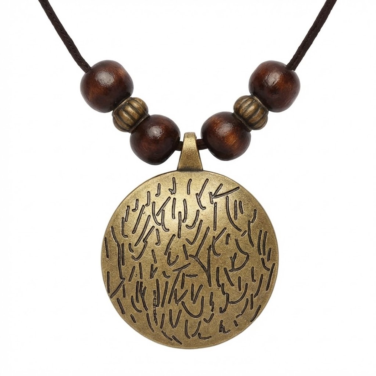 Dames ketting met ronde bronskleurige hanger – donkerbruine houten kralen en verstelbaar PU leren koord