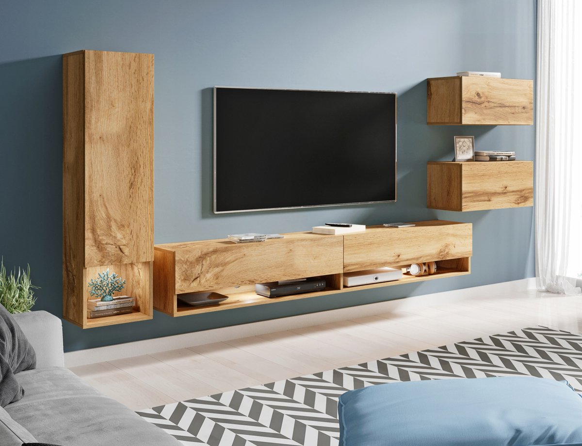 Milo - Woonkamer Set - Wandmeubel met LED - 4-delig - Volledig Mat Wotan Eiken