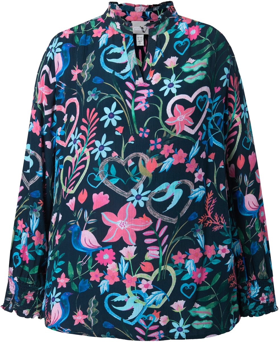 Ulla Popken - Dames - Tuniek bloemen tuniekhals lange mouwen - Marine - Maat 46+