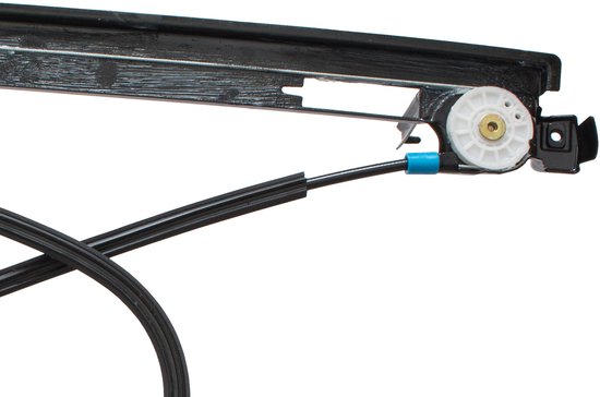 Linkervoor raammechanisme met zwarte kabel, witte rol en blauwe kabelgeleider.