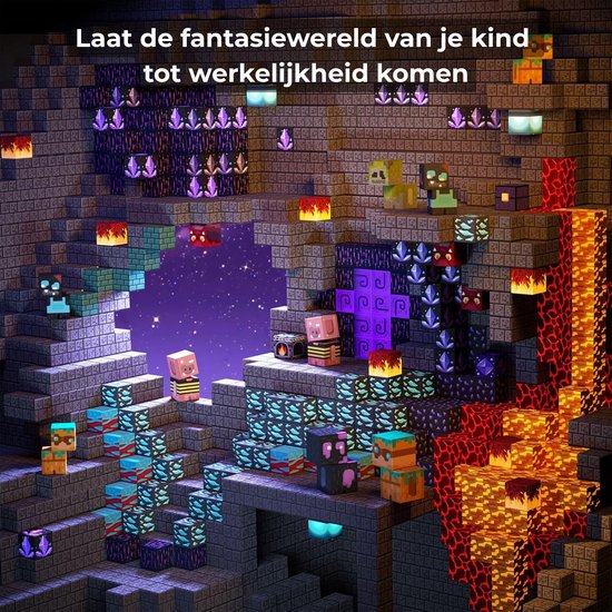 Een Minecraft-achtige wereld met stenen structuren, kristallen, lava en diverse wezentjes.