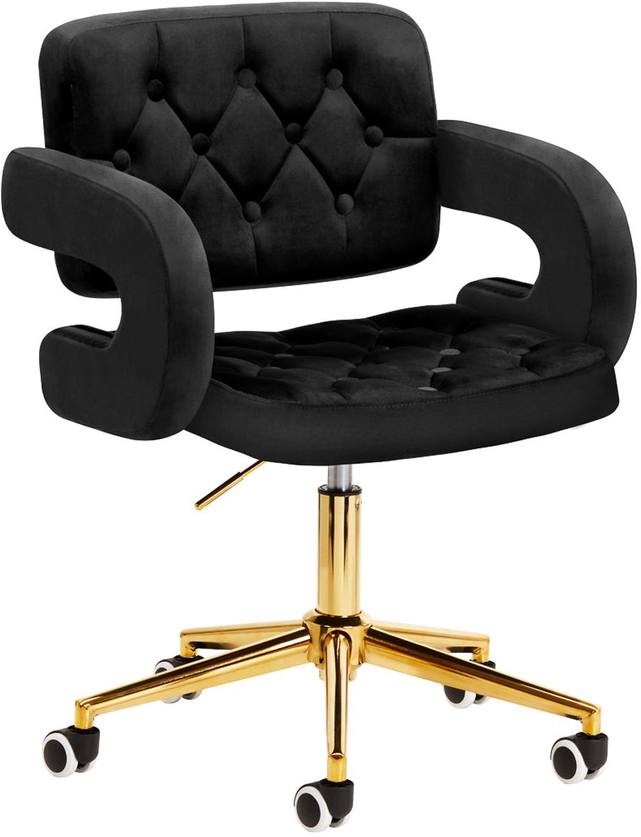 4Rico Fluwelen Bureaustoel Zwart met Goud Onderstel QS-OF213G – Verstelbare Salonstoel & Bureaustoel voor Kantoor, Receptie en Salon