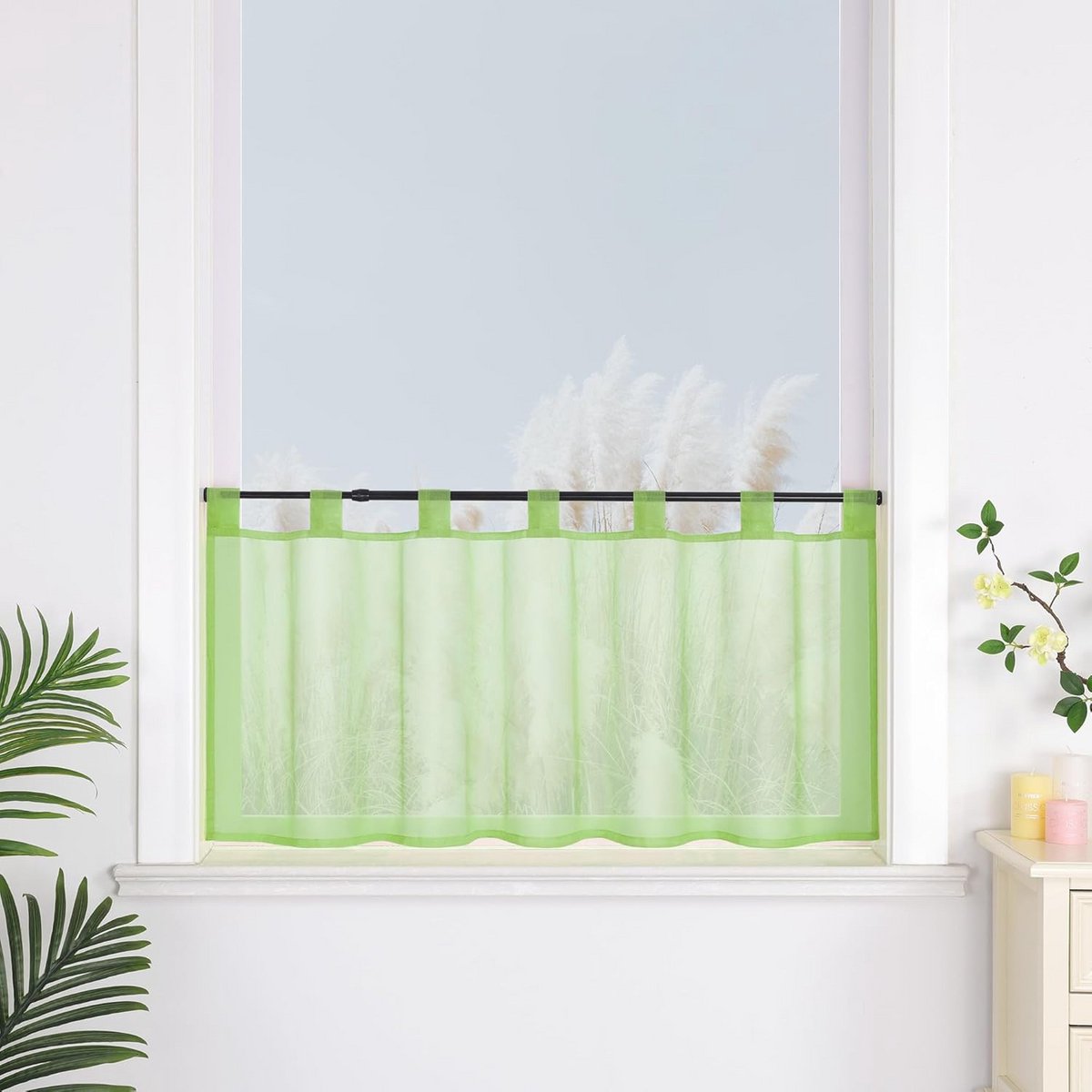 Luchtig Groen Vitragegordijn met Lussen voor Keuken of Raam, 60x90 cm