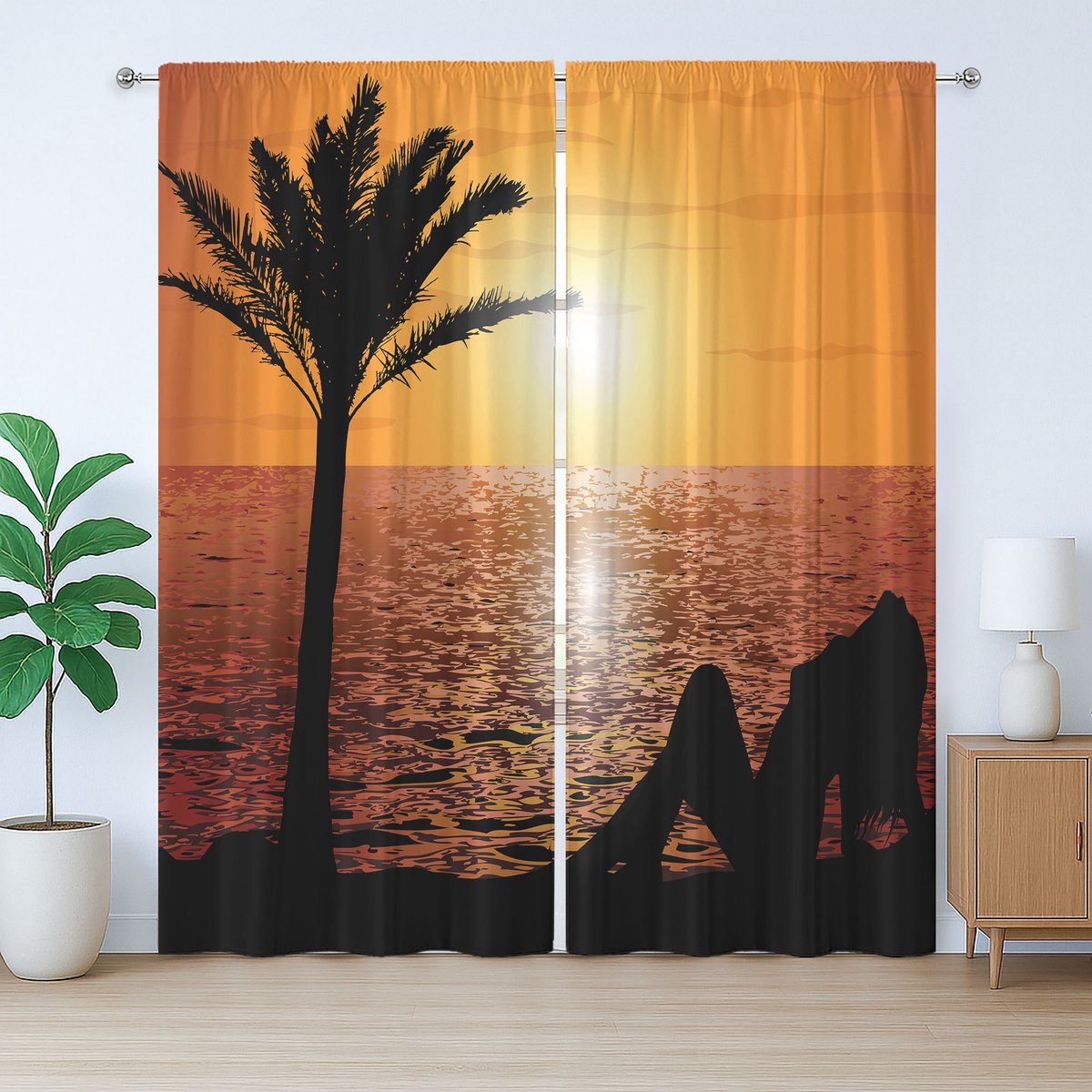 ABAKUHAUS Retro Rustiek Gordijn, Tropisch Strand met Zonsondergang voor Meisjes, met Lussen en Haken voor de Slaapkamer, 280 x 245 cm, Oranje Zwart
