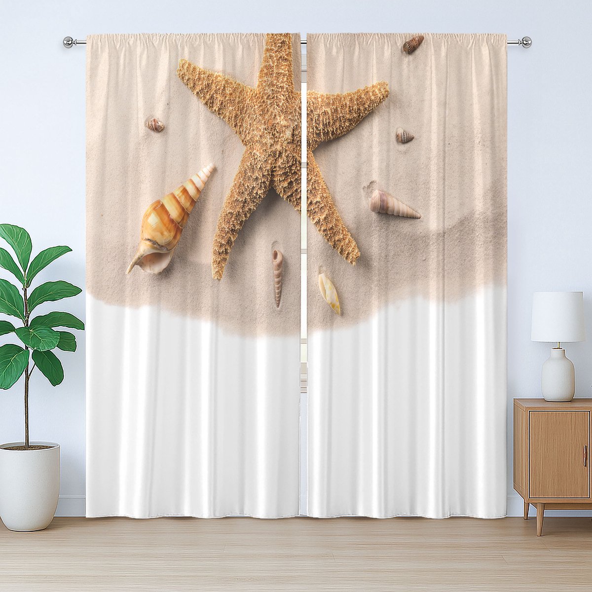 ABAKUHAUS Rustiek gordijn met zeedierenmotief, close-up van schelpen, met lussen en haken voor de woonkamer, 280 x 175 cm, abrikooswit